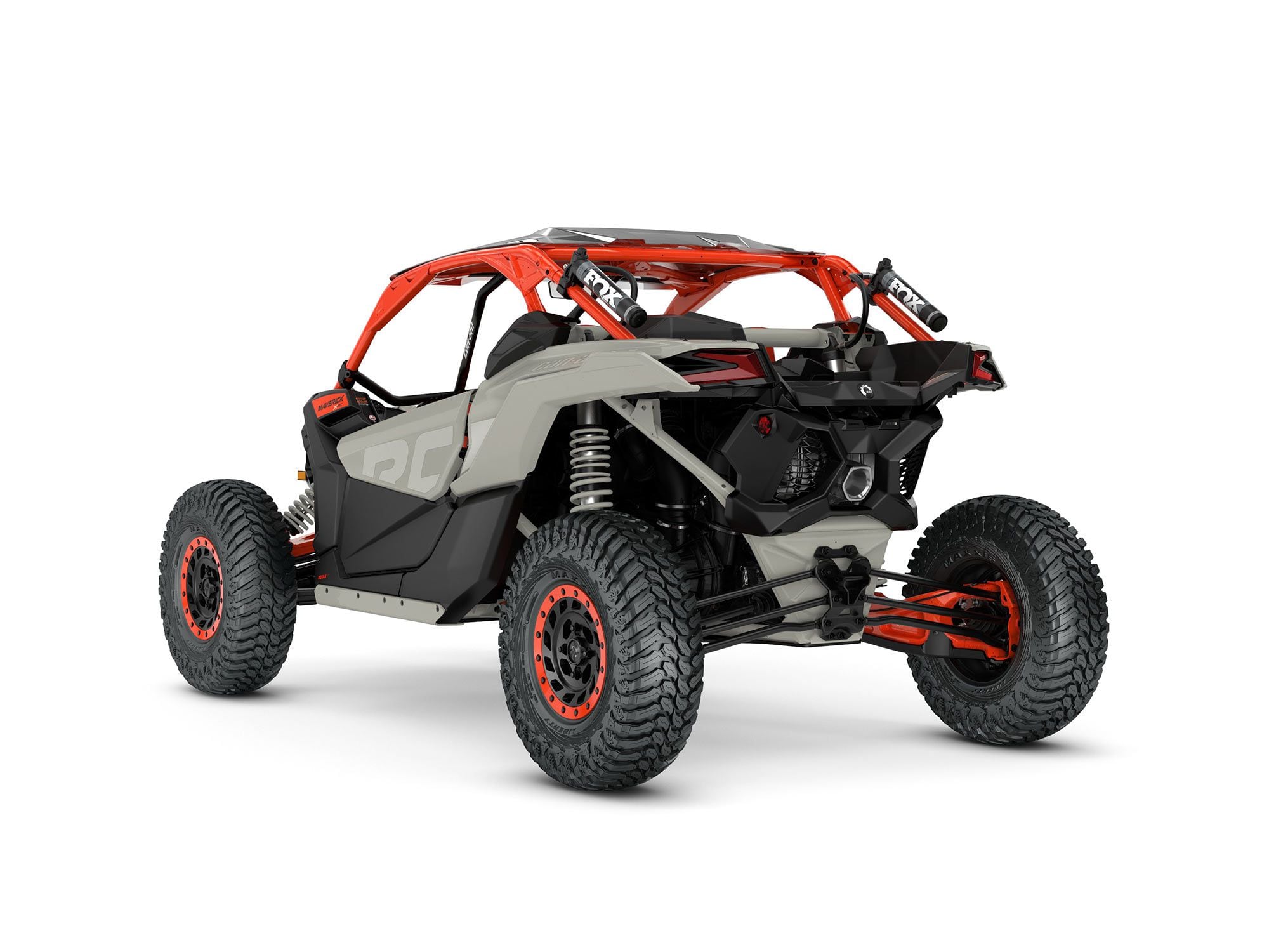 2022 Can-Am Maverick X3 X RC Turbo RR 72 rear view in Chalk Gray and Magma Red color.