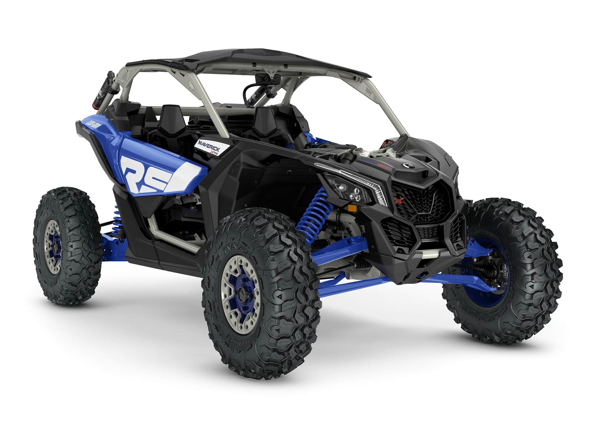 2022 Can-Am Maverick X3 X RS Turbo RR with Smart Shox front view in Intense Blue, Carbon Black, and Chalk Gray color.