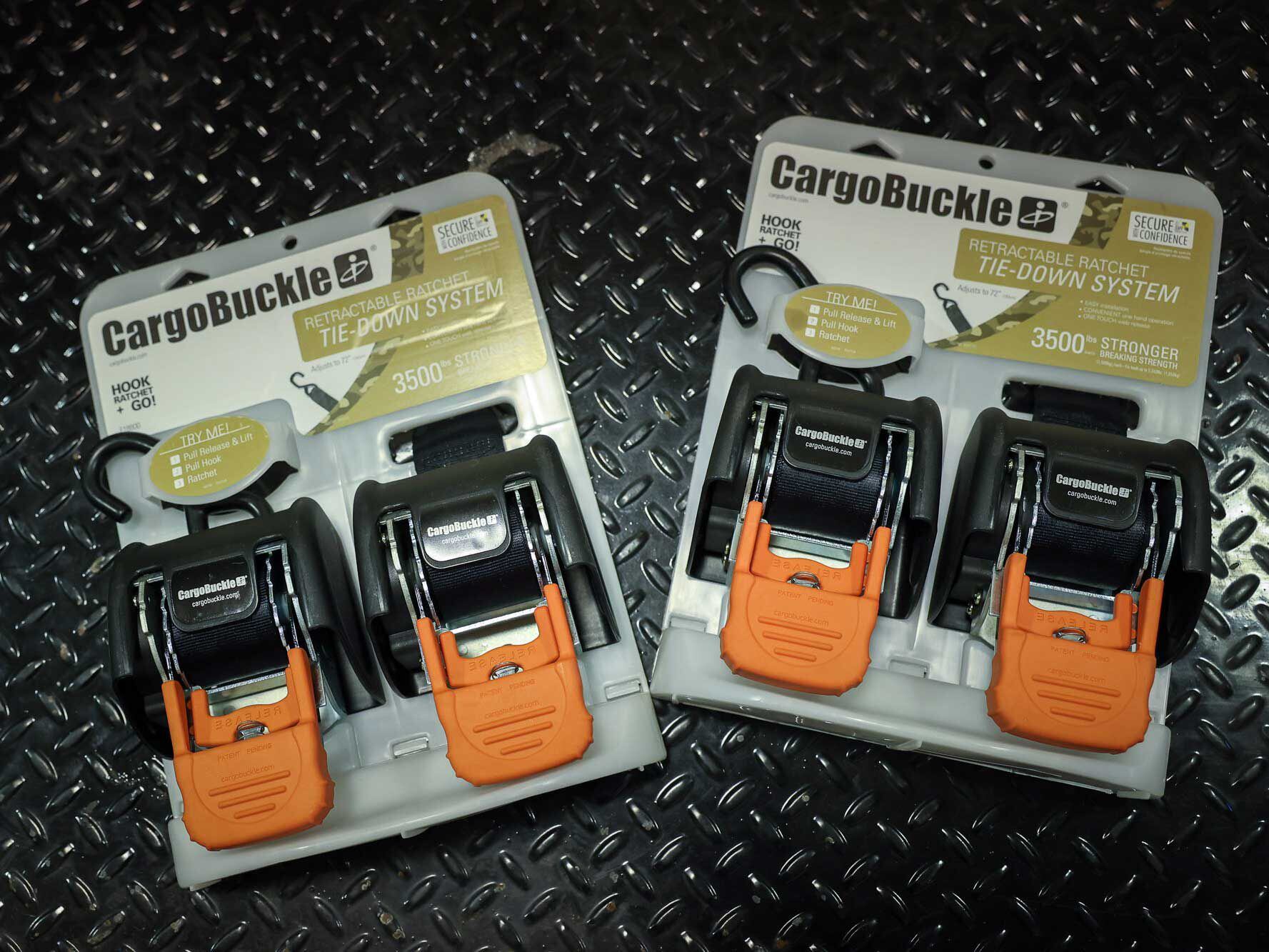 CargoBuckles come in a few different flavors. We opted for the highest-weight-rated version. They all come in sets of two.