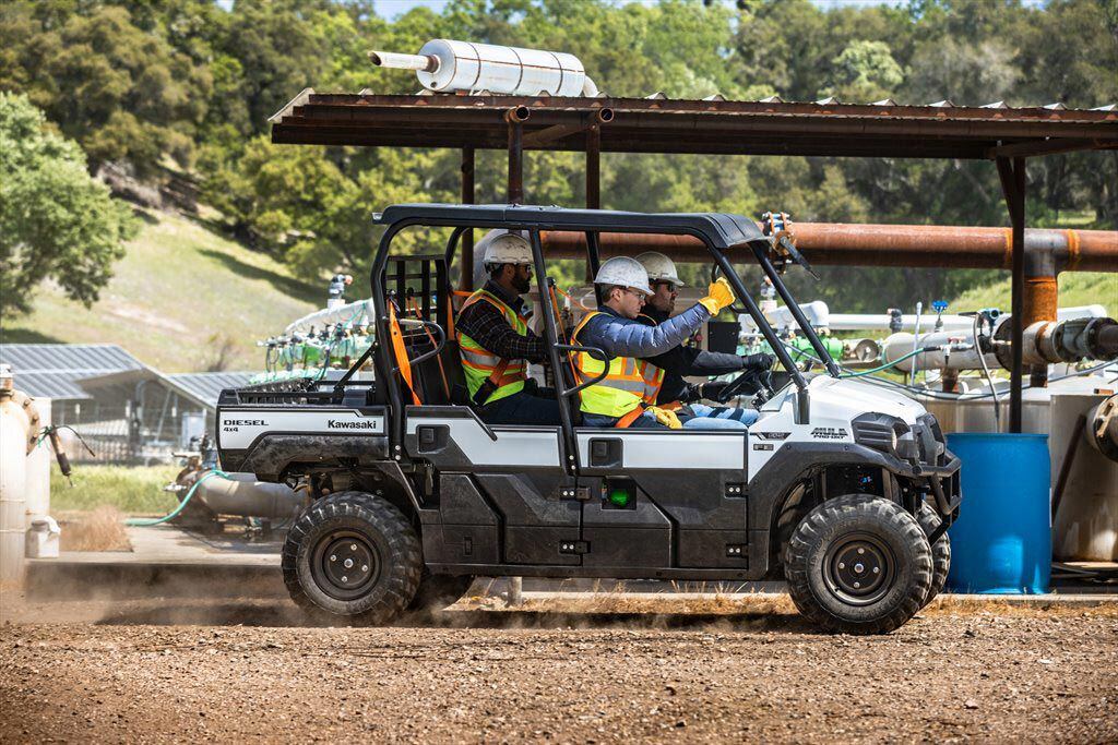 For 2024, the Kawasaki Mule Pro-DXT is a fleet model, with high-vis seatbelts and stark white paint.