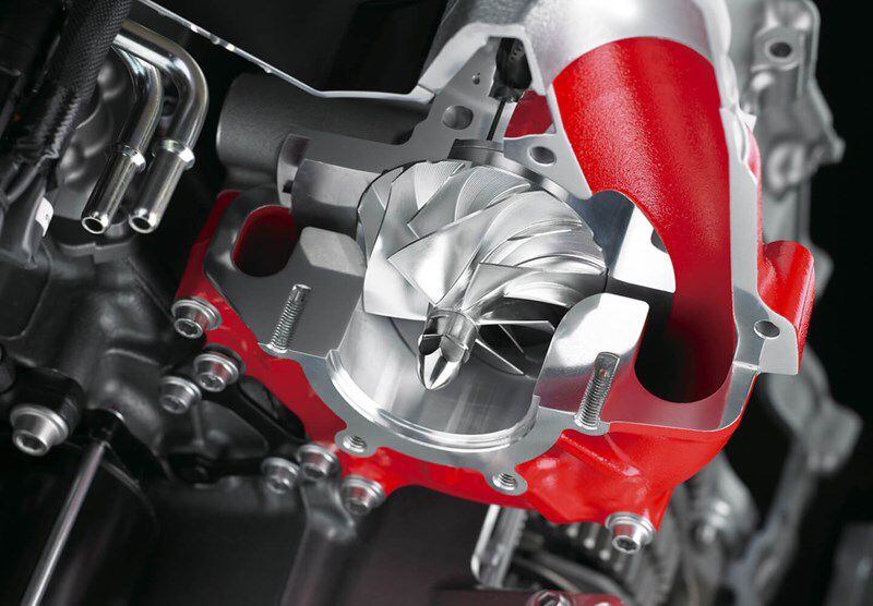 The centrifugal supercharger of the Kawasaki H2 in cutaway.