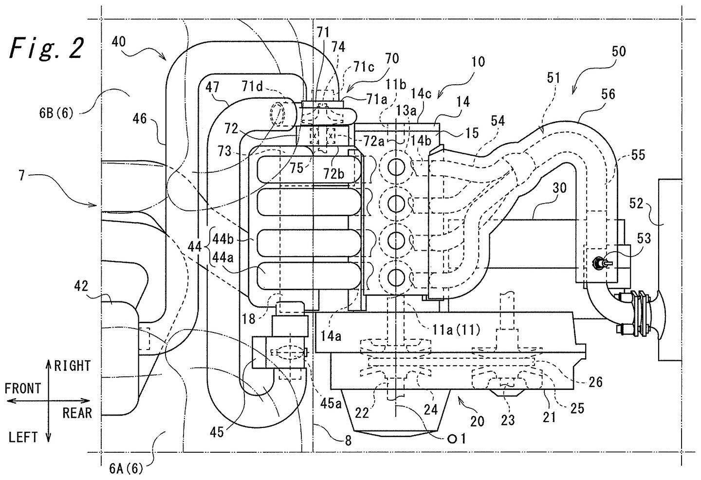 This image shows possible exhaust and intake routing for the mid-mounted four-cylinder.