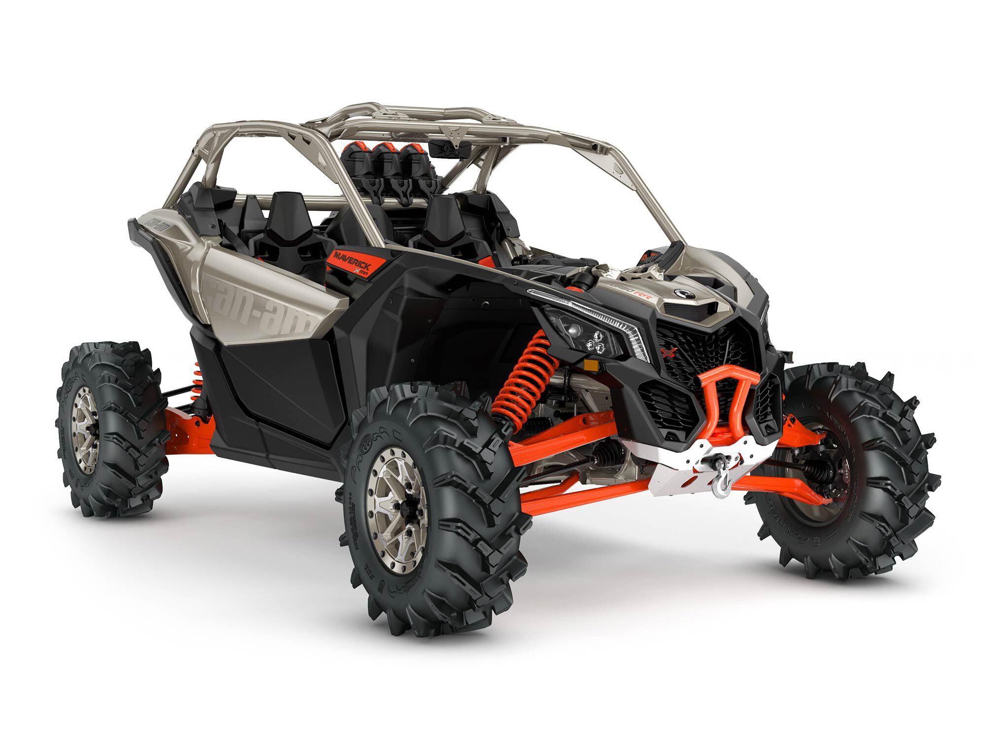 2022 Can-Am Maverick X3 X MR Turbo RR 72 front view in Liquid Titanium and Magma Red.