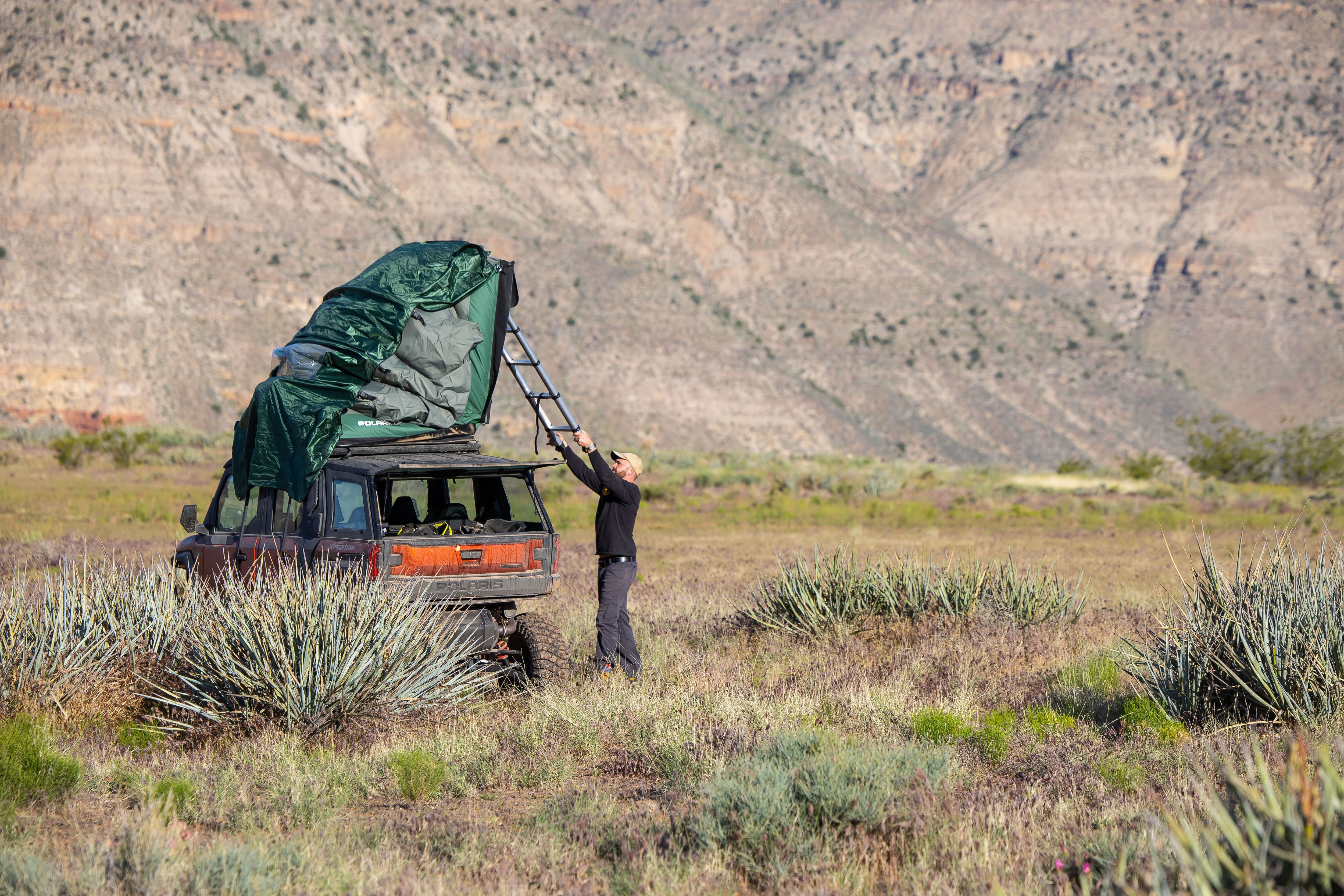 Polaris built out a huge accessory catalog for the Xpedition, including a stout rooftop tent. The tent bolts to a Rhino-Rack-branded roof rack built specifically for the Xpedition.