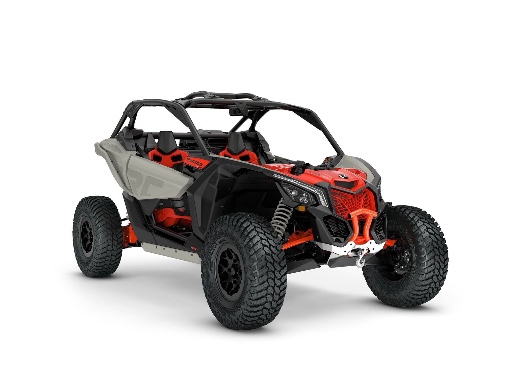 2022 Can-Am Maverick X3 X RC Turbo RR 64 front view in Chalk Gray and Magma Red color.