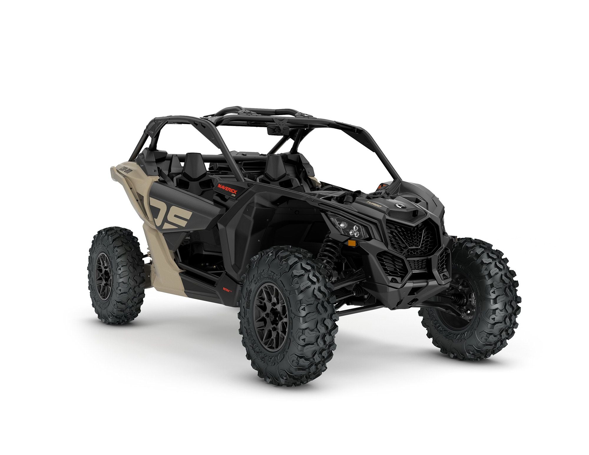 2022 Can-Am Maverick X3 DS Turbo front view in Desert Tan and Carbon Black color.