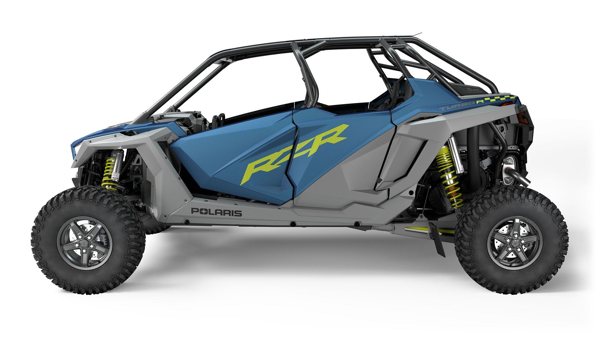 2022 Polaris RZR Turbo R 4 Premium side view in Matte Blue Slate color.