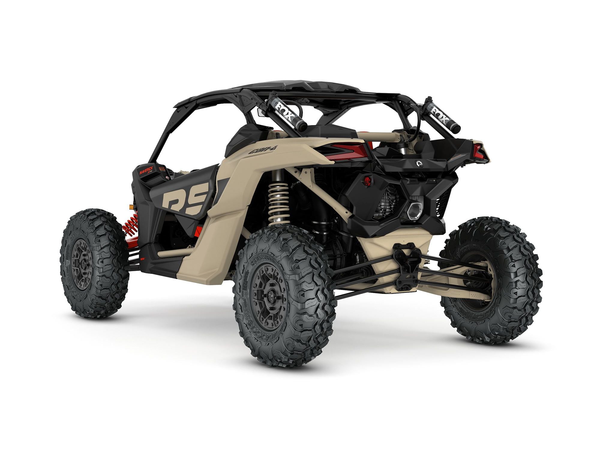 2022 Can-Am Maverick X3 X RS Turbo RR rear view in Desert Tan and Carbon Black color.
