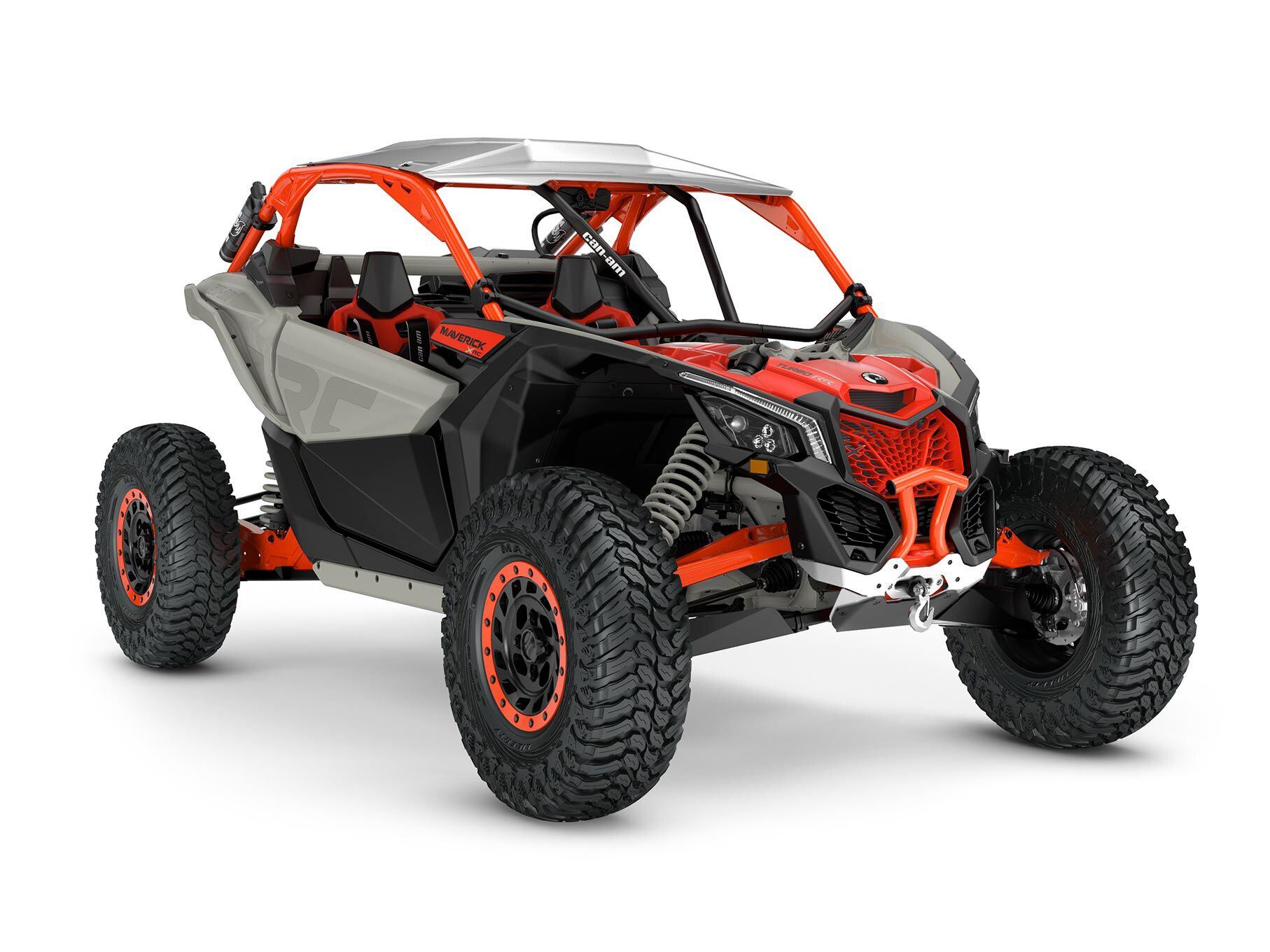 2022 Can-Am Maverick X3 X RC Turbo RR 72 front view in Chalk Gray and Magma Red color.