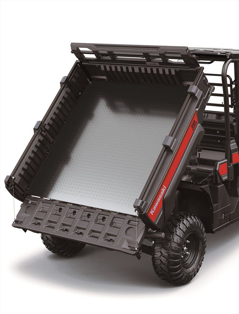 A full steel 20-square-foot dump bed is the centerpiece of the 2024 Kawasaki Mule Pro-FX HD Edition.