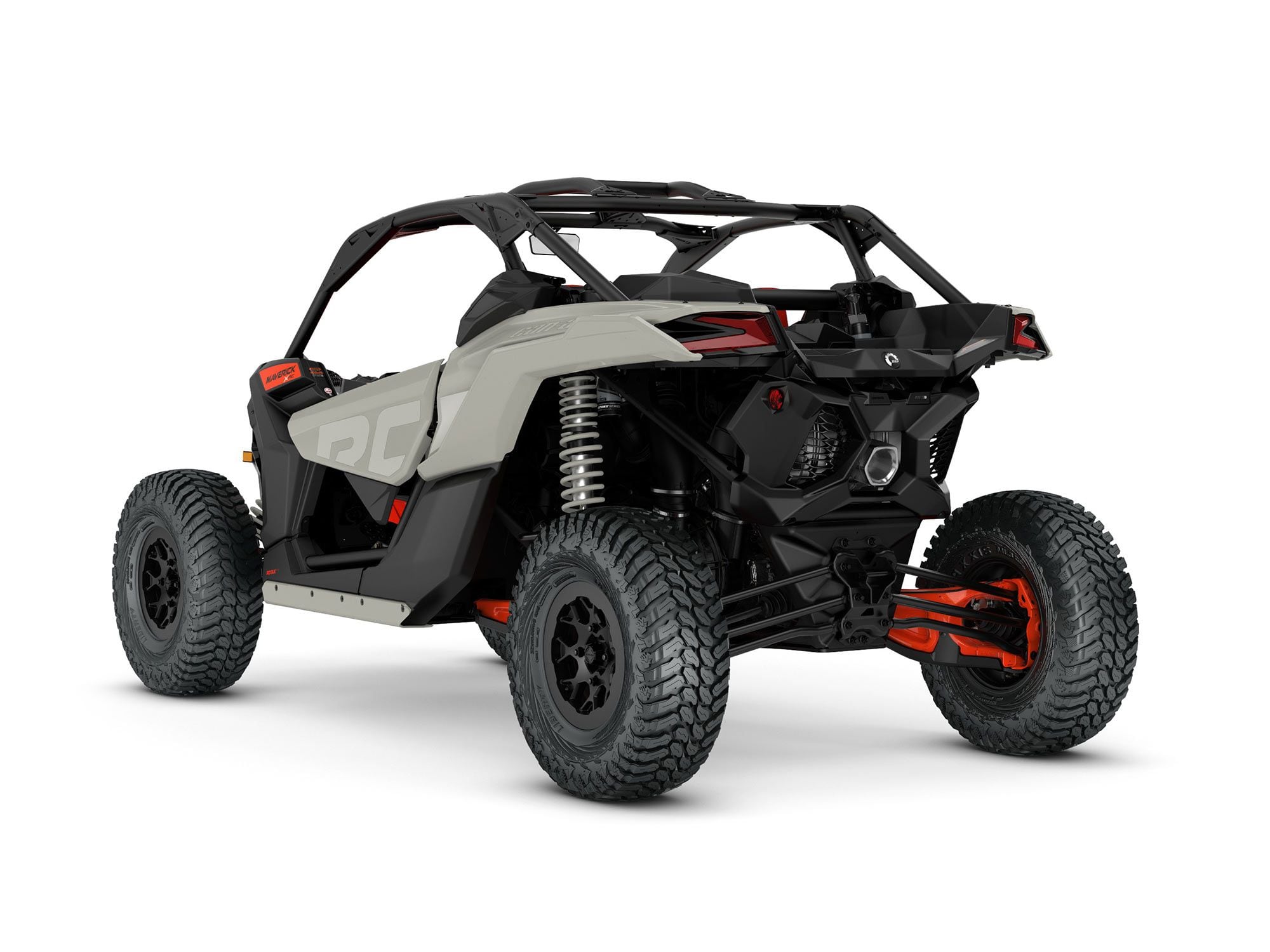 2022 Can-Am Maverick X3 X RC Turbo RR 64 rear view in Chalk Gray and Magma Red color.