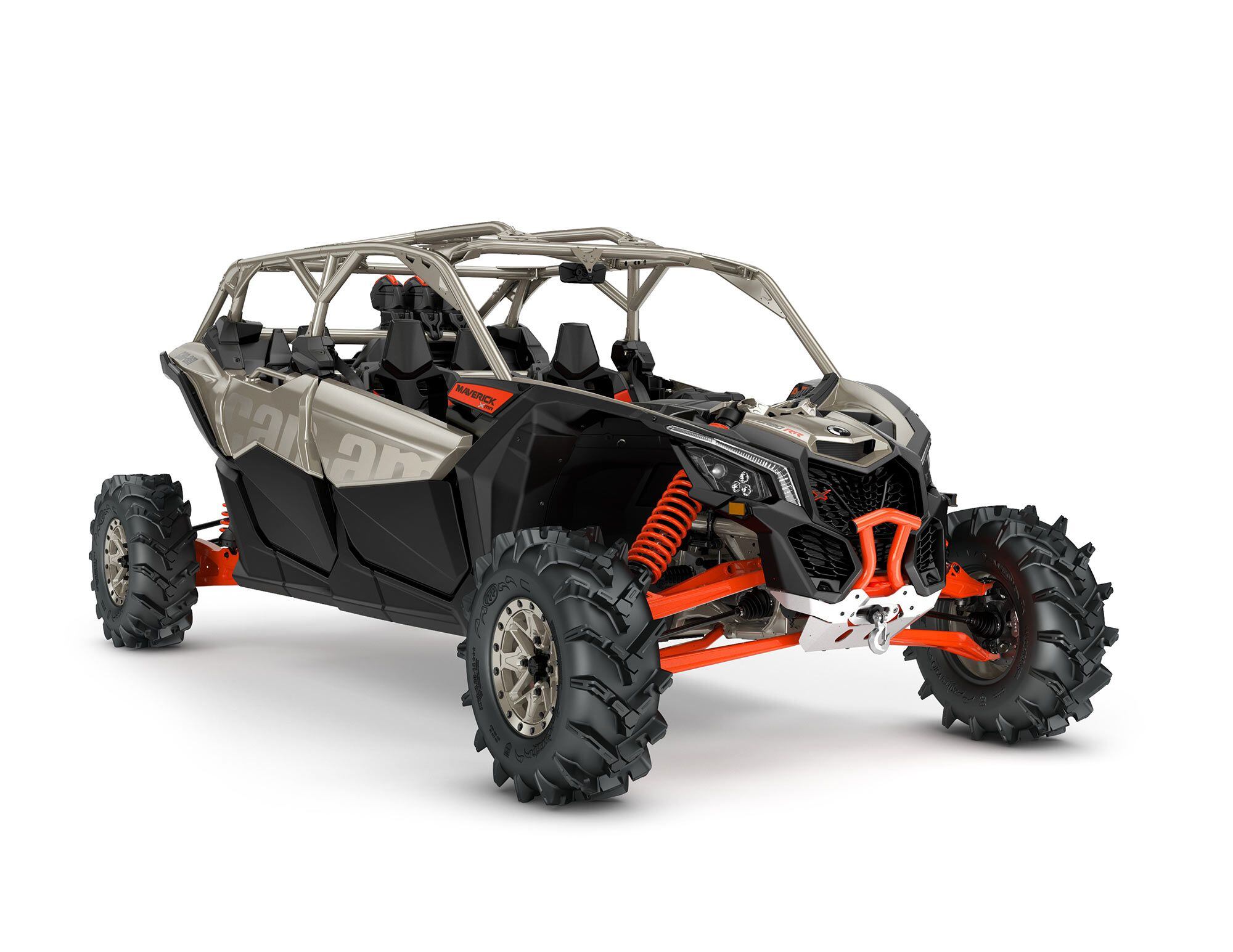 2022 Can-Am Maverick X3 Max X MR Turbo RR front view in Liquid Titanium and Magma Red.