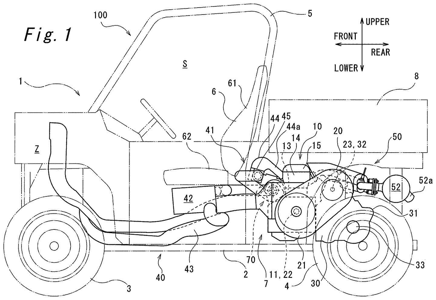 This shows what appears to be a utility rig in profile, but the patent drawings do not always show the final form of the machine.