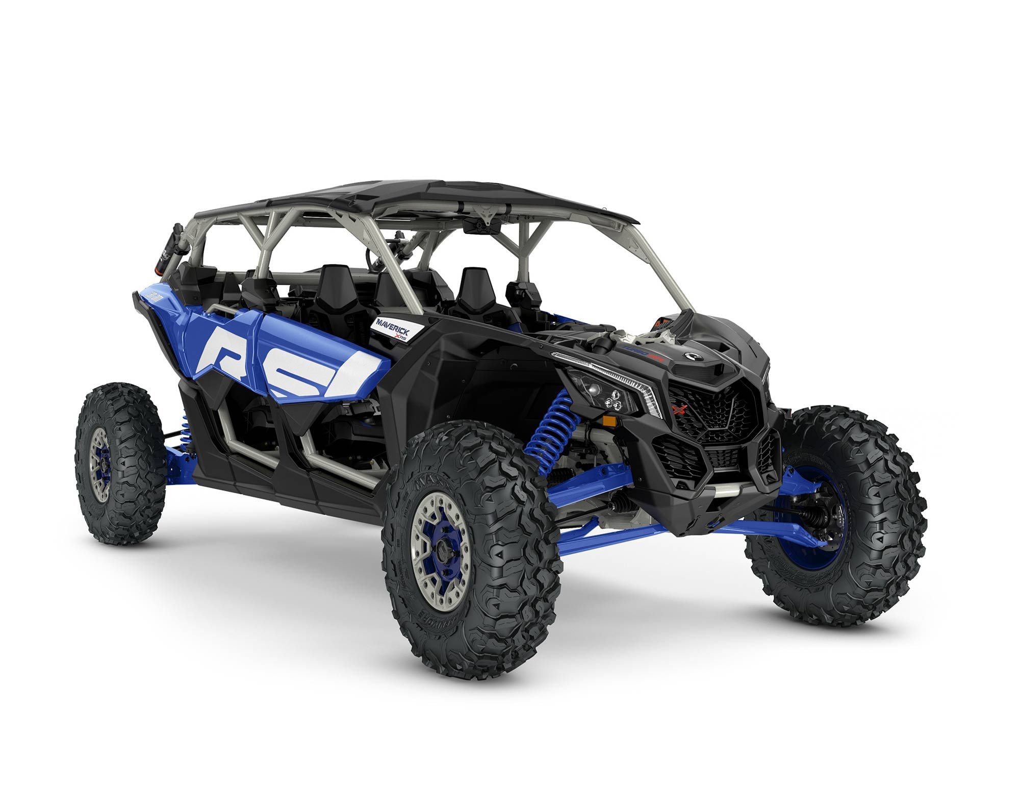 2022 Can-Am Maverick X3 Max X RS Turbo RR with Smart Shox front view in Intense Blue, Carbon Black, and Chalk Gray color.